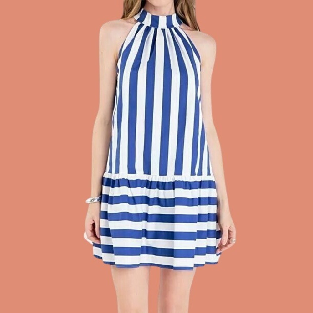NWOT English Factory Striped Halter Dress Blue White Ruffle‎ Hem Drop Waist XL